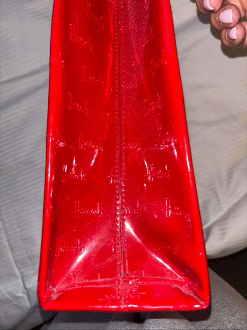 HARRODS OF LONDON RED PATENT LEATHER TOTE BAG 3COMPARTMENTS WITH MIDDLE ZIPPER - Picture 8 of 15